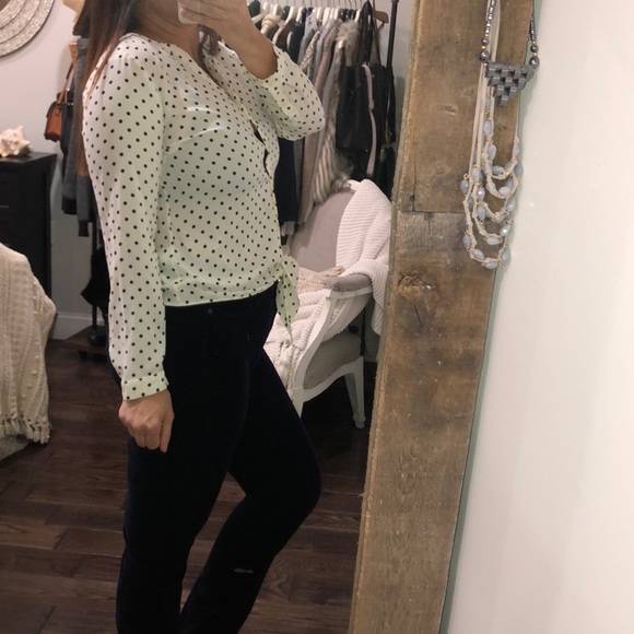 Talbots small petite cream polka dot tie front top - Picture 3 of 5